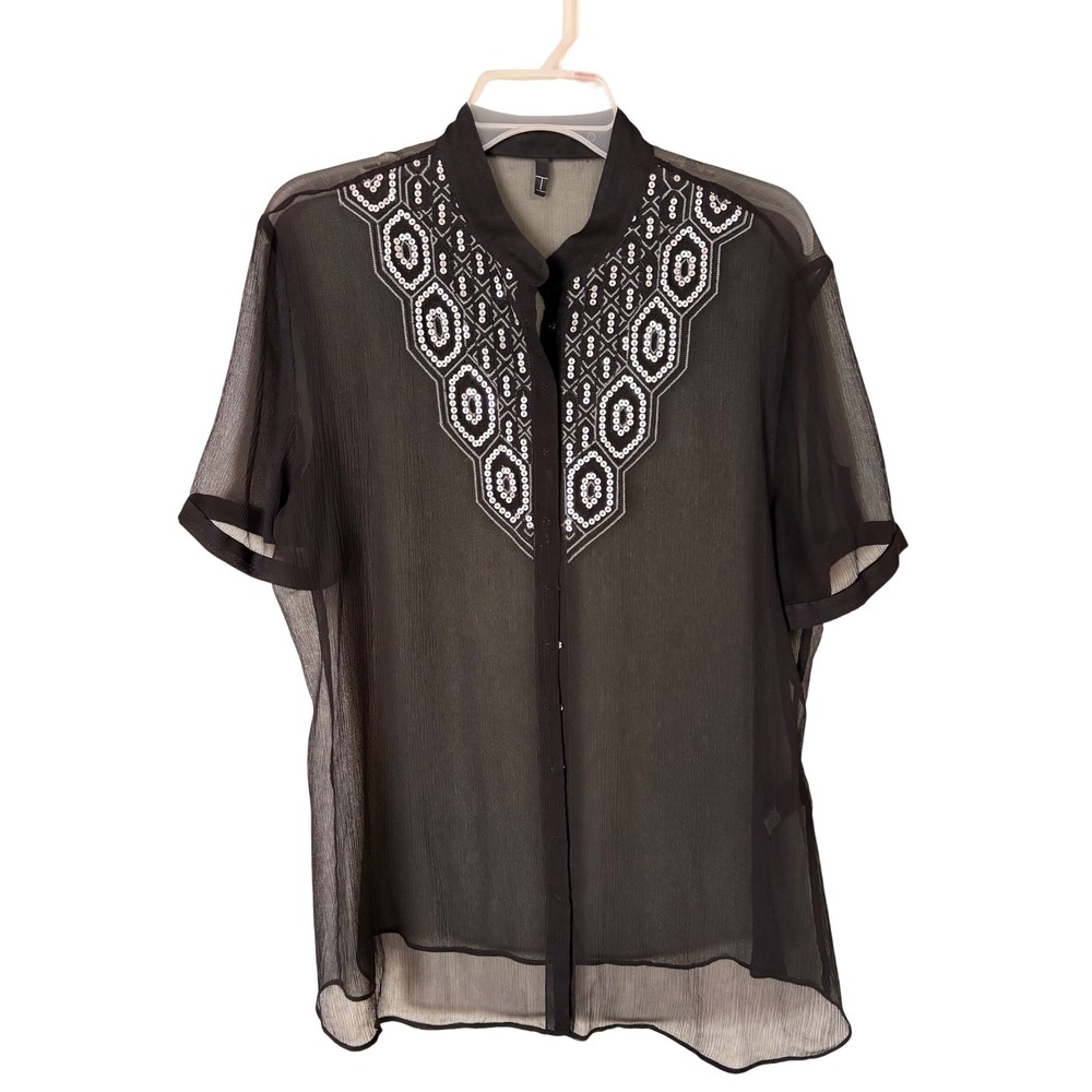 Tahari Black 100%‎ Silk Short Sleeve Sequined Sheer Button Down Blouse, SZ XL